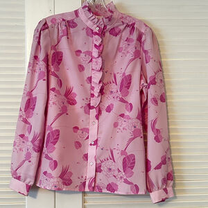 Vintage Pykettes Womens Ruffled Front Secretary Shirt Size 12, Pink Floral